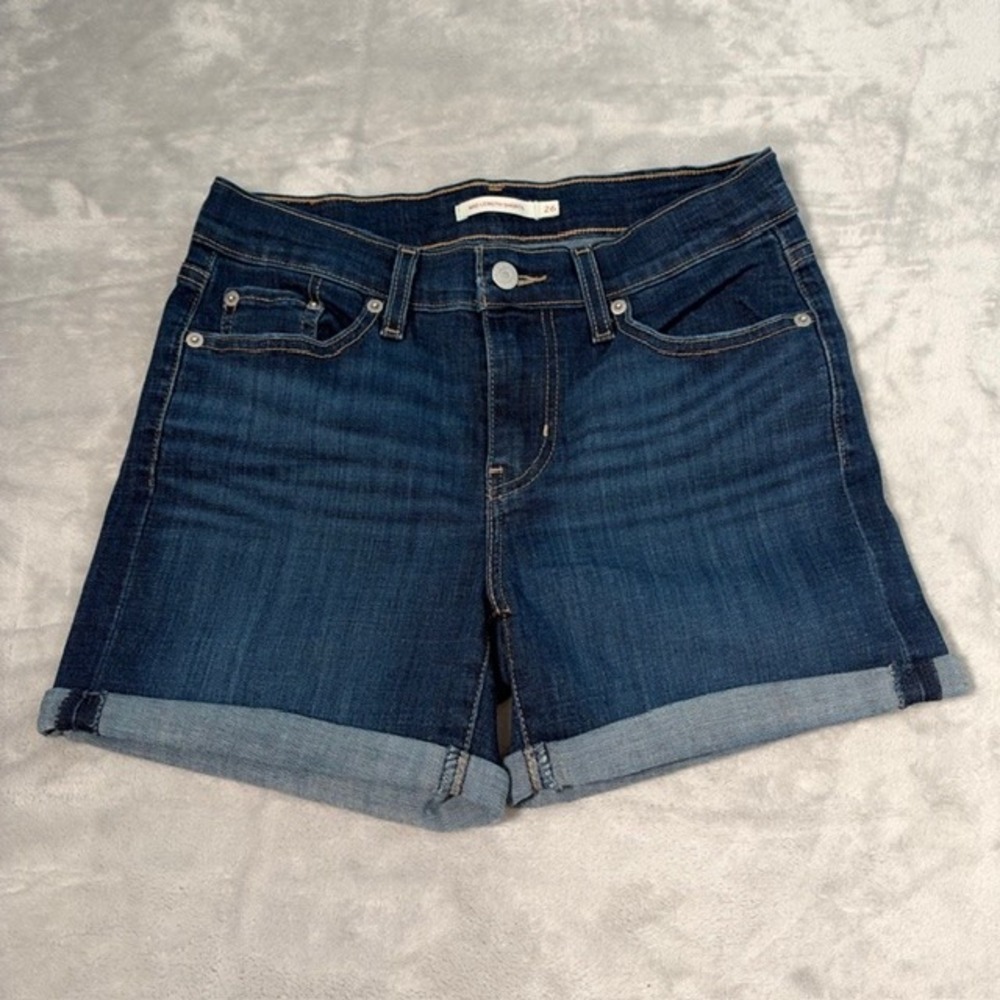 NWOT Levi's Mid Length Dark Wash‎ Denim Shorts Women's 26 Cuffed Stretch